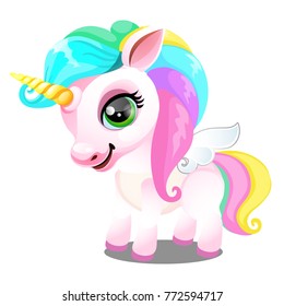 Cute unicorn pony with mane colors of rainbow isolated on white background. As a symbol of tolerance. Sample of poster, party holiday invitation, festive card. Vector cartoon close-up illustration.