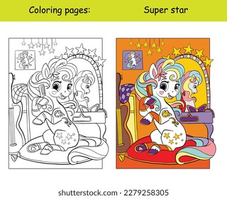 Estrella pop de unicornio dulce cepillando su hombre en el vestidor. Ilustración vectorial de dibujos animados. Página del libro de coloreado para niños con plantilla de color. Para coloración, educación, impresión, juego, decoración, rompecabezas, diseño