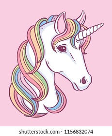 Cute unicorn portrait with beautiful rainbow mane. Vector illustration.