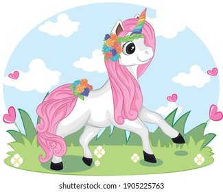 Cute unicorn portrait with beautiful rainbow horn and rainbow flower. Vector illustration.