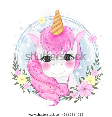 Cute unicorn portrait with flower illustrations