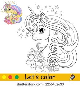 Cute unicorn portrait with flowers. Kids coloring book page with color template. Vector cartoon illustration. Educational page. For kids coloring, postcard, print, design, decor, tattoo, game