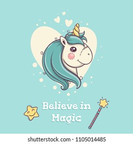 Cute unicorn portrait on blue background with hearts magic wand and smiling star. Fantasy horse