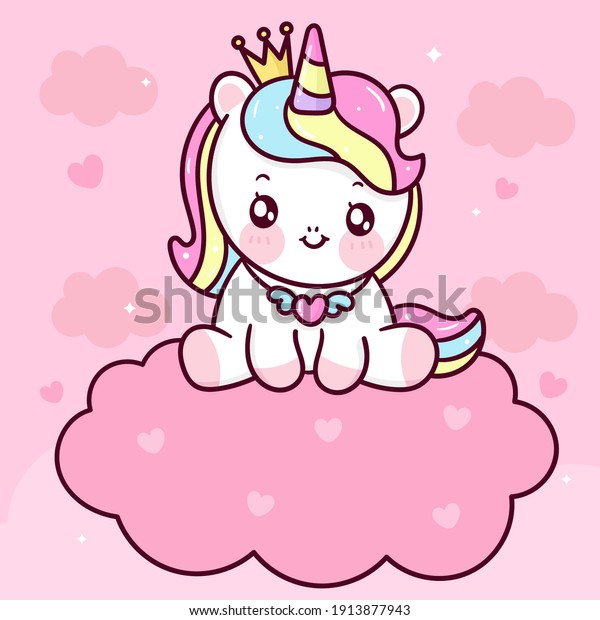 Cute unicorn princess cartoon sit on cloud pony cartoon kawaii animals back...