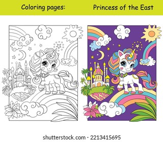 Cute unicorn princess with castle. Kids coloring book page with colorful template. Vector cartoon illustration isolated on white background. For coloring, education, print, game, decor, puzzle, design