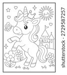 Cute Unicorn Princess Coloring Page for Kids. Happy Magical Creature with Crown and Castle Scene. Vector Line Art, Isolated Black and White Outline of a Magical Horse for Kindergarten Activity Books.
