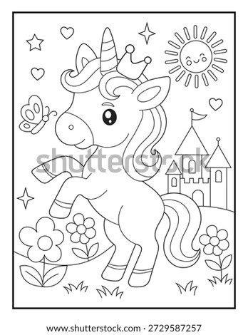 Cute Unicorn Princess Coloring Page for Kids. Happy Magical Creature with Crown and Castle Scene. Vector Line Art, Isolated Black and White Outline of a Magical Horse for Kindergarten Activity Books.