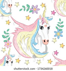 Cute unicorn, princess concept, girl beauty seamless pattern. cartoon design. Magic unicorn, fairy tale, heart, rainbow, crown, stars