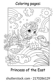 Cute unicorn princess of the east with castle. Coloring book page for children. Vector cartoon illustration isolated on white background. For coloring book, education, print, game, decor, design