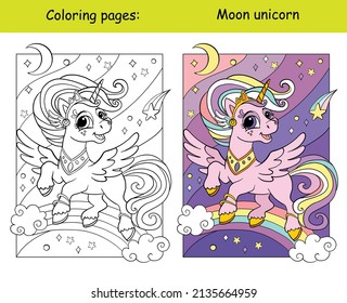 Cute Unicorn princess flying in the sky with a rainbow, stars and moon. Coloring book page with color template. Vector cartoon illustration. For kids coloring, card, print, design,  decor and puzzle.