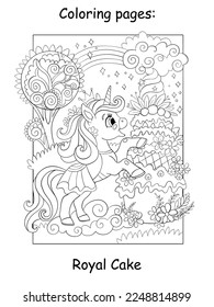 Cute unicorn princess with giant royal cake. Coloring book page for children. Vector cartoon illustration isolated on white background. Linear drawing. For colorings, prints, posters, stickers, puzzle