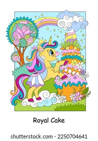 Cute unicorn princess with giant royal cake. Vector color cartoon illustration in children style isolated on white background. For design, prints, posters, stickers, puzzle.