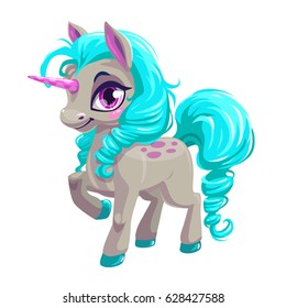 Cute unicorn princess icon. Vector pony girl with blue hair, isolated on white.