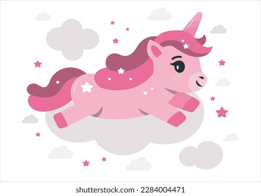 Cute Unicorn Princess, Magic creature. Cute little pink magical unicorn. Vector design on white background. Print for t-shirt. Romantic hand drawing illustration for children.