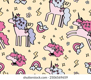 süßes Einhorn Prinzessin Muster für Kinderzimmer Tapete. Zauberdruck für Kinder.