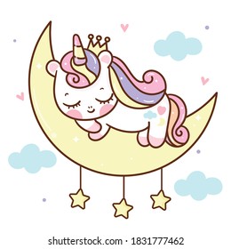 Cute Unicorn princess sleeping vector on moon with cloud pony sweet dream cartoon: Series fairy tale characters kawaii animals horse(flat Girly doodles). Perfect Nursery children, kids, greeting card.