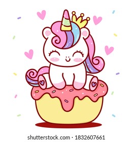 Cute Unicorn princess vector cupcake yummy dessert food cartoon : Series fairy tale characters kawaii animals horse (flat Girly doodles). Perfect cafe logo, Nursery children, kids, greeting card,baby.
