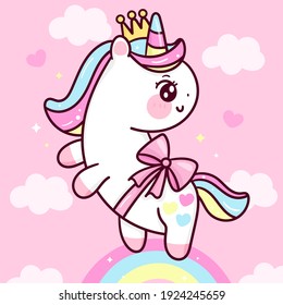 Cute Unicorn princess vector fly on pastel sky with sweet cloud pony cartoon kawaii animals background  Valentines day gift: Series fairy tale characters horse (flat Girly doodles). Perfect Nursery .