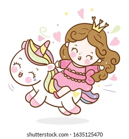 Cute Unicorn Princess vector, Kawaii girl cartoon ride pony child horse: Series Girly doodles (Fairytale animal). Magic character perfect for Nursery Wall children, baby shower card, t shirt, fashion.