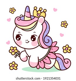 Cute Unicorn princess vector pony cartoon wear fancy flower dress kawaii animals background Valentines day gift: Series fairy tale characters horse (flat Girly doodles). Perfect Nursery children, kids