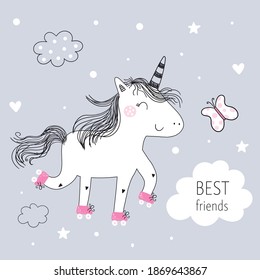 Cute unicorn print for kids. best friends card. Cartoon flat vector illustration. Cute cartoon design template. Vector print