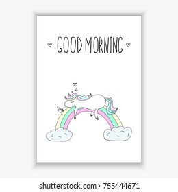 Cute unicorn print for kids. good morning card.