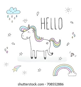 Cute unicorn print for kids. Hello card.