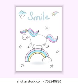 Cute unicorn print for kids. Smile card.