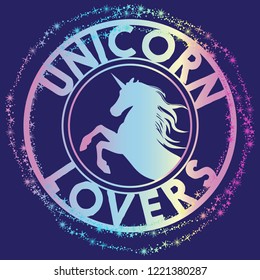 cute unicorn print. t shirt design with original  holographic calligraphic text .Kids magic slogan, for clothes, banner, girls, women, child. hand written text unicorn lovers.