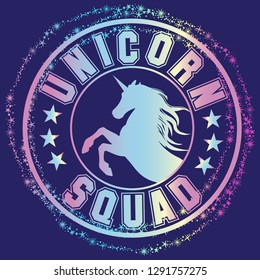 cute unicorn print. t shirt design with original  holographic calligraphic text .Kids magic slogan, for clothes, banner, girls, women, child. hand written text Unicorn squad