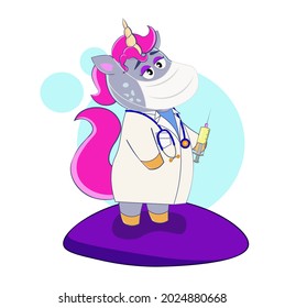 A cute unicorn in a protective mask injects a covid vaccine. Cartoon vector illustration for children