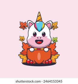 Cute unicorn in a pumpkin at autumn season. Mascot cartoon vector illustration suitable for poster, brochure, web, mascot, sticker, logo and icon.