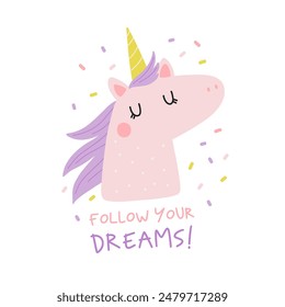 Cute unicorn. Purple fantasy animal - Magical Unicorn. Colorful illustration in cartoon flat style