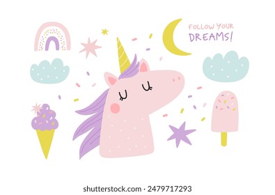 Cute unicorn. Purple fantasy animal - Magical Unicorn. Colorful illustration in cartoon flat style