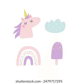 Cute unicorn. Purple fantasy animal - Magical Unicorn. Colorful illustration in cartoon flat style