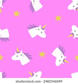 Cute unicorn. Purple fantasy animal - Magical Unicorn. Colorful seamless pattern in cartoon flat style