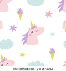 Nettes Einhorn. In: Purple Fantasy Animal - Magical Unicorn. Buntes nahtloses Muster im Cartoon-Flat-Stil