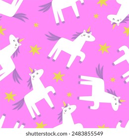 Cute unicorn. Purple fantasy animal - Magical Unicorn. Colorful seamless pattern in cartoon flat style