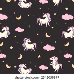 Cute unicorn. Purple fantasy animal - Magical Unicorn. Colorful seamless pattern in cartoon flat style