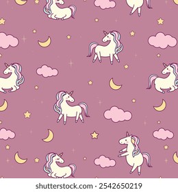 Cute unicorn. Purple fantasy animal - Magical Unicorn. Colorful seamless pattern in cartoon flat style