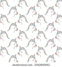 Cute unicorn. Purple fantasy animal - Magical Unicorn. Colorful seamless pattern in cartoon flat style