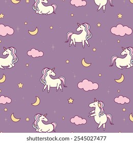 Cute unicorn. Purple fantasy animal - Magical Unicorn. Colorful seamless pattern in cartoon flat style