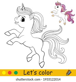 Cute unicornio con morado largo. Colorear la página del libro con una plantilla colorida. Ilustración de dibujos animados de vectores aislados en fondo blanco. Para colorear libros, educación preescolar, impresiones y juegos.