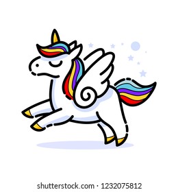 Cute unicorn with purple mane simple cartoon vector illustration. Simple flat line doodle icon contemporary style design element isolated on white. Magical creatures, fantasy, dreams theme.