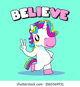 Cute unicorn quote vector illustration, believe unicorn