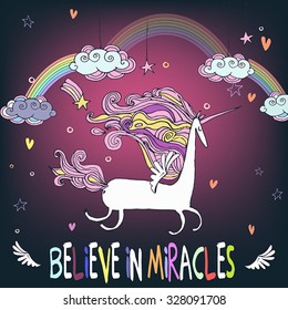 cute unicorn with rainbow