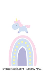 Cute unicorn and rainbow blank vector postcard with text space. Nursery poster, baby shower or child birth announcement card template with text place. Pastel pink unicorn character