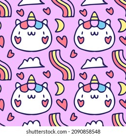 Cute unicorn and rainbow cartoon doodle. Background illustration for seamless pattern, poster, or apparel merchandise.