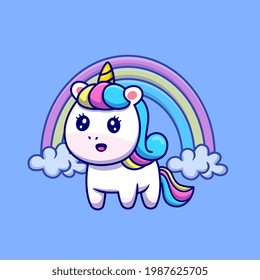 Ilustración De Icono Del Vector De Caricaturas Arcoiris Con Unicornio Cuidadoso. Concepto de icono de la naturaleza animal Vector Premium aislado. Estilo de dibujo plano