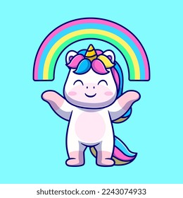 Cute Unicorn With Rainbow Cartoon Vector Icon Illustration. Animal Nature Icon Concept Isolated Premium Vector. Flat Cartoon Style
